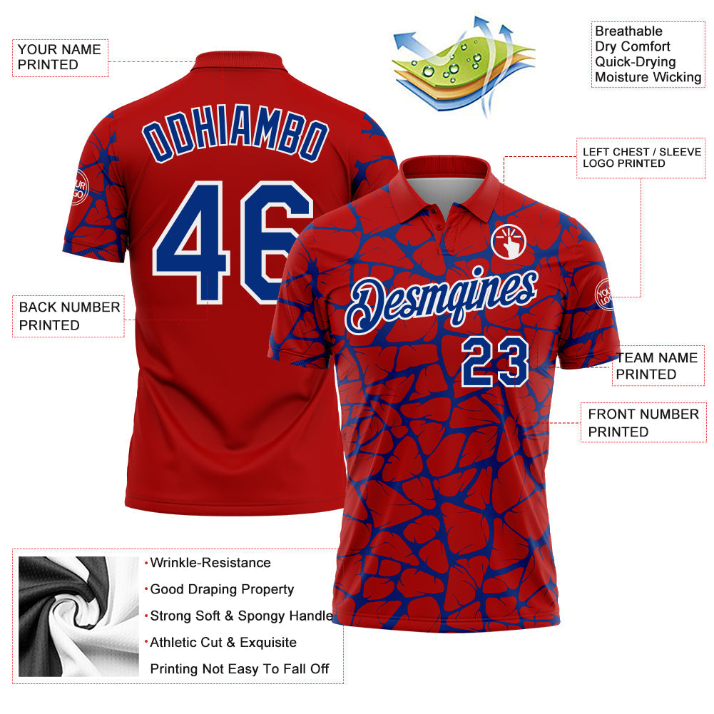 Custom Red Royal-White 3D Pattern Abstract Network Crackle Performance Polo Shirt