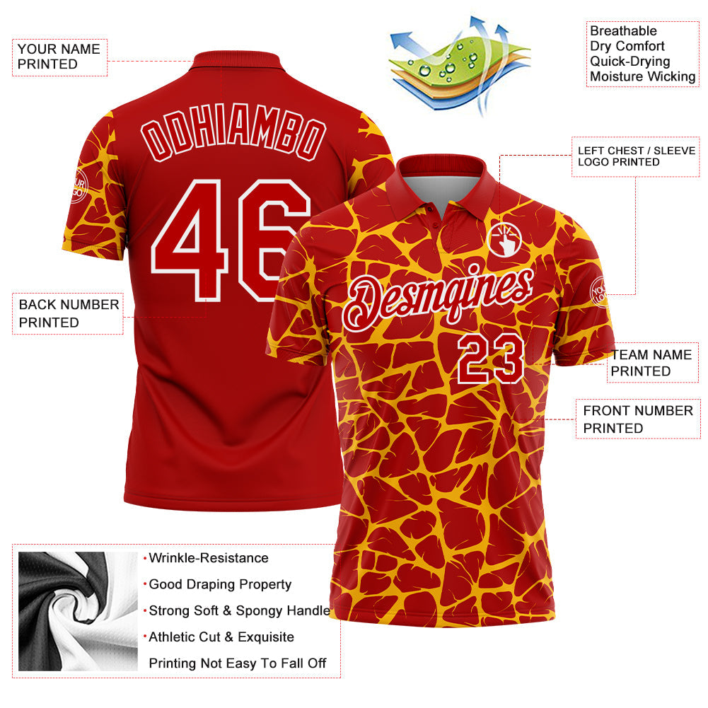 Custom Red Gold-White 3D Pattern Abstract Network Crackle Performance Polo Shirt