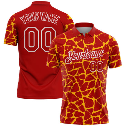 Custom Red Gold-White 3D Pattern Abstract Network Crackle Performance Polo Shirt