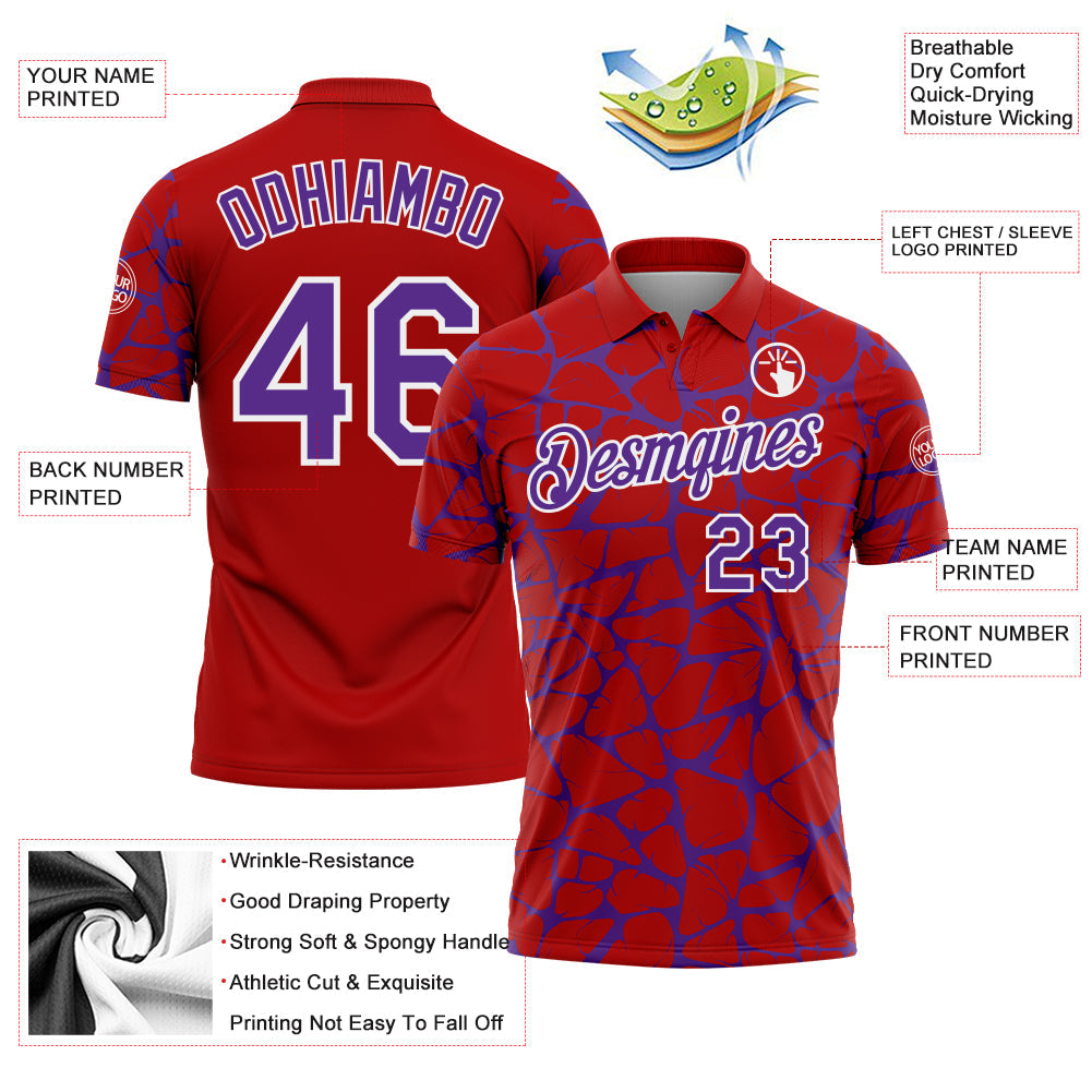 Custom Red Purple-White 3D Pattern Abstract Network Crackle Performance Polo Shirt