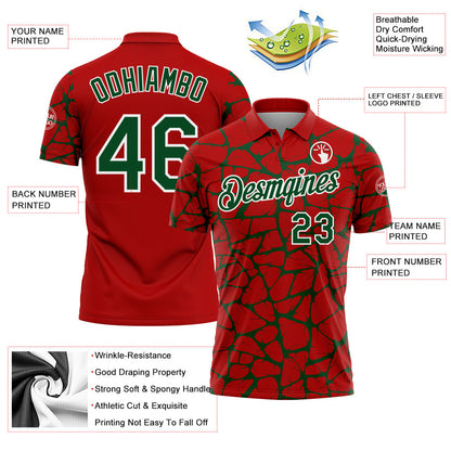 Custom Red Green-White 3D Pattern Abstract Network Crackle Performance Polo Shirt