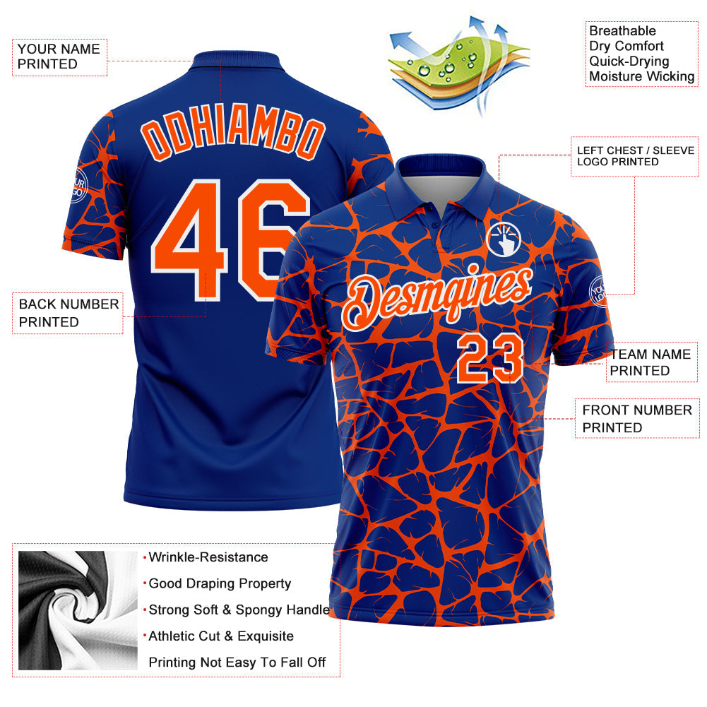 Custom Royal Orange-White 3D Pattern Abstract Network Crackle Performance Polo Shirt