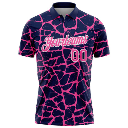 Custom Navy Pink-White 3D Pattern Abstract Network Crackle Performance Polo Shirt