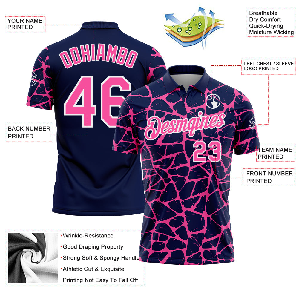 Custom Navy Pink-White 3D Pattern Abstract Network Crackle Performance Polo Shirt