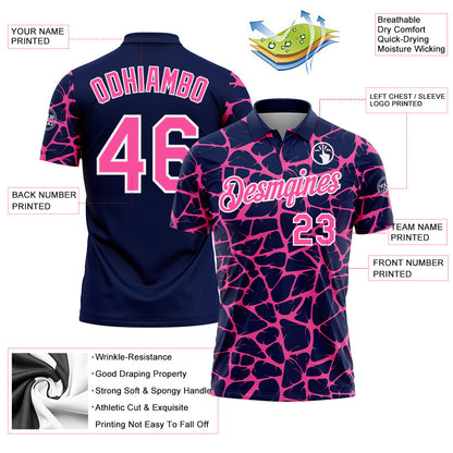 Custom Navy Pink-White 3D Pattern Abstract Network Crackle Performance Polo Shirt