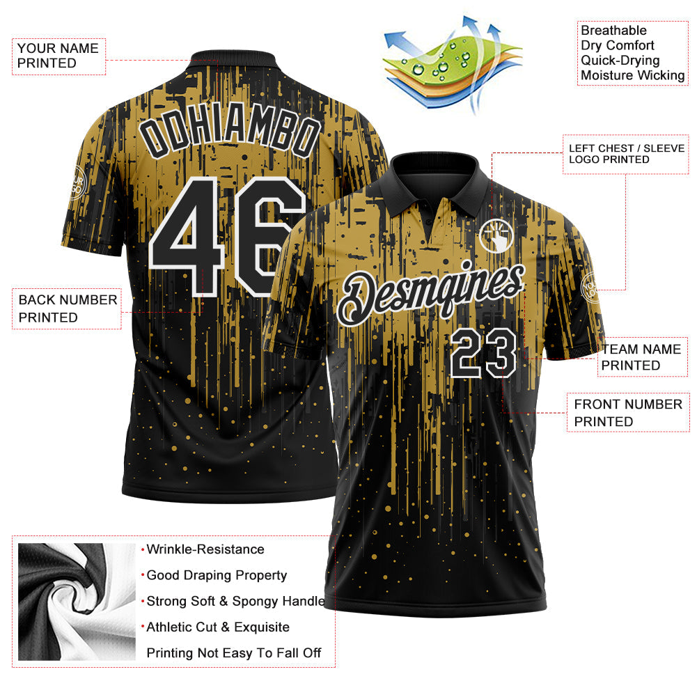 Custom Black Old Gold-White Dripping Splatter Paint Performance Polo Shirt