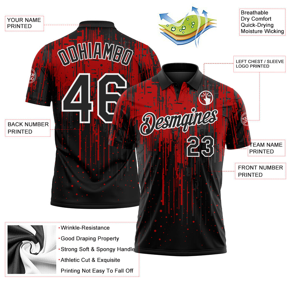 Custom Black Red-White Dripping Splatter Paint Performance Polo Shirt
