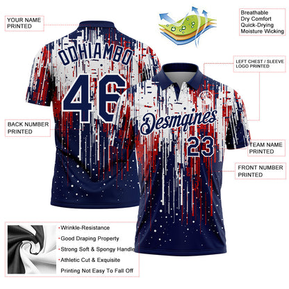 Custom Navy Red-White Dripping Splatter Paint Performance Polo Shirt