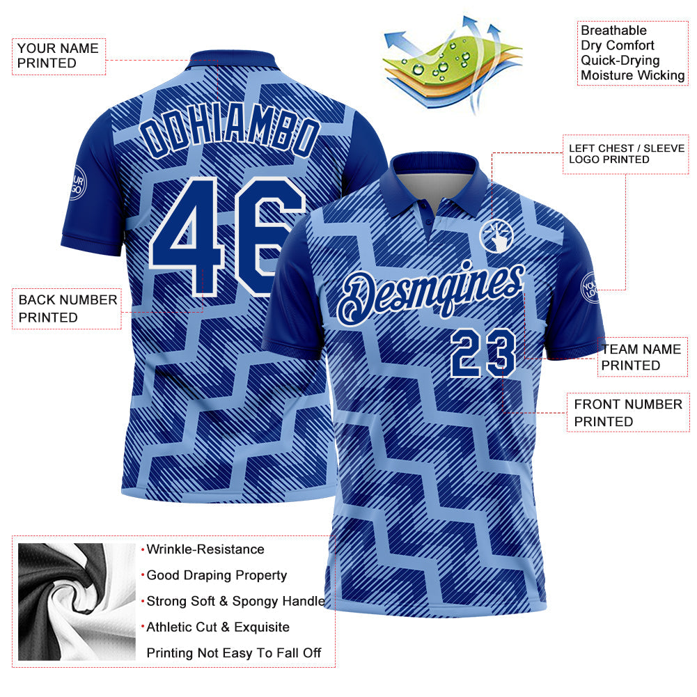 Custom Royal Light Blue-White Geometric Block Diagonal Line Hatching Performance Polo Shirt