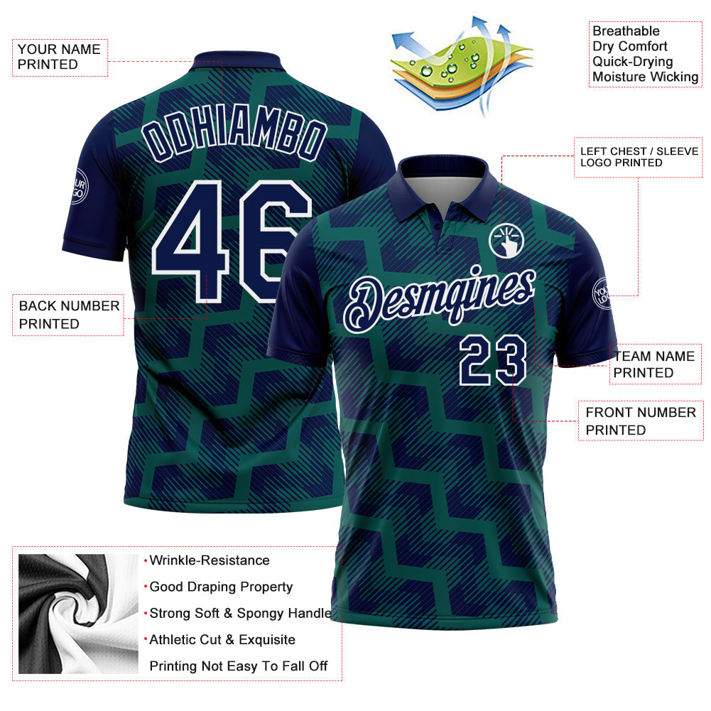 Custom Navy Midnight Green-White Geometric Block Diagonal Line Hatching Performance Polo Shirt