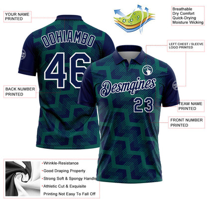 Custom Navy Midnight Green-White Geometric Block Diagonal Line Hatching Performance Polo Shirt