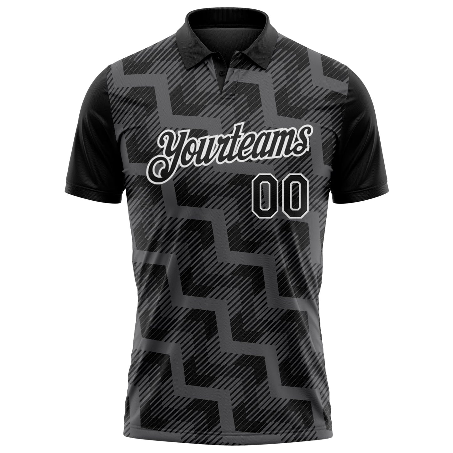 Custom Black Steel Gray-White Geometric Block Diagonal Line Hatching Performance Polo Shirt