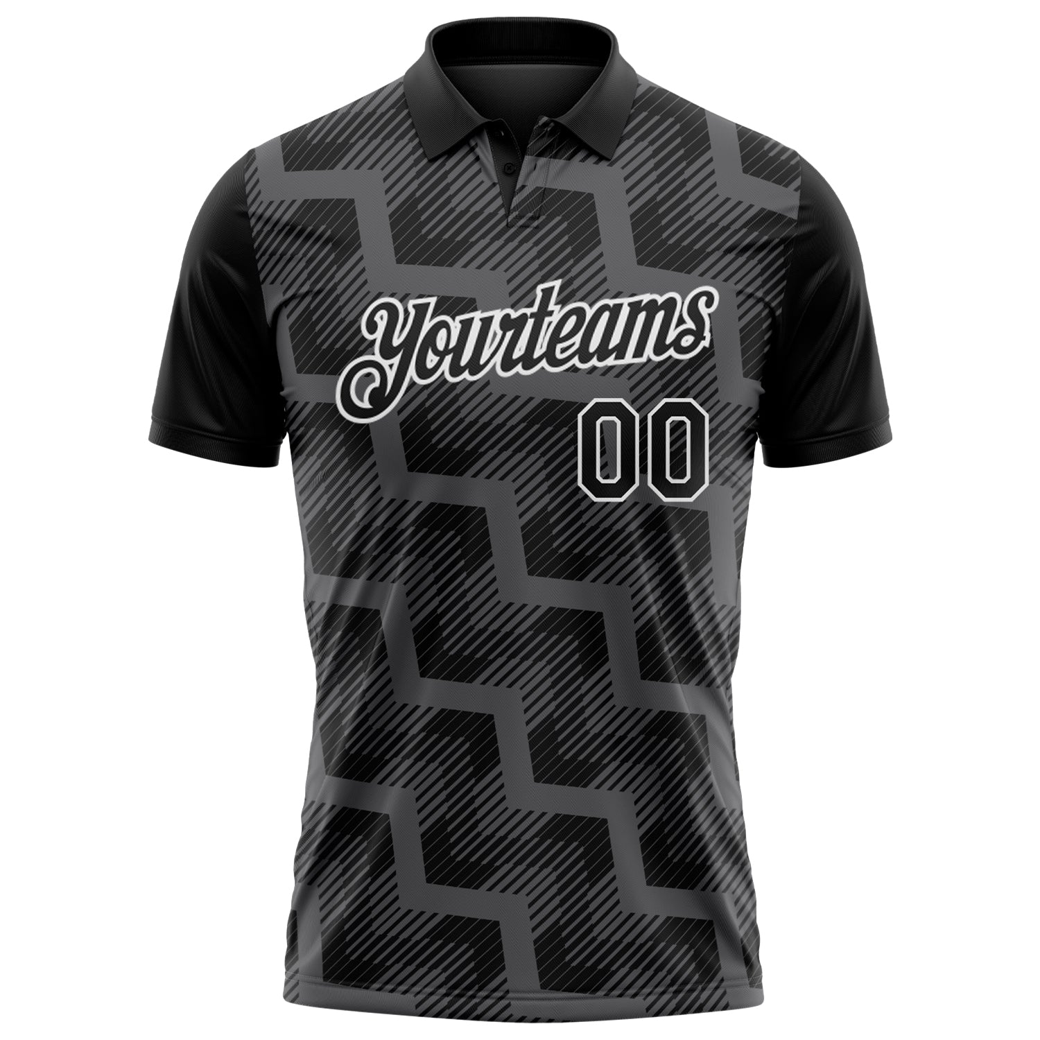 Custom Black Steel Gray-White Geometric Block Diagonal Line Hatching Performance Polo Shirt