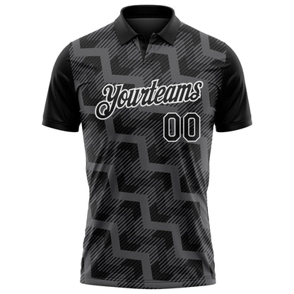 Custom Black Steel Gray-White Geometric Block Diagonal Line Hatching Performance Polo Shirt
