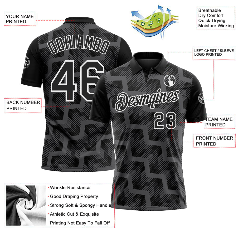 Custom Black Steel Gray-White Geometric Block Diagonal Line Hatching Performance Polo Shirt