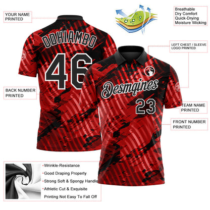 Custom Black Red-White Abstract Grunge Splatter Diagonal Stripe Performance Polo Shirt