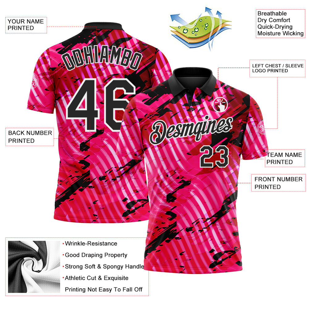 Custom Black Pink-White Abstract Grunge Splatter Diagonal Stripe Performance Polo Shirt