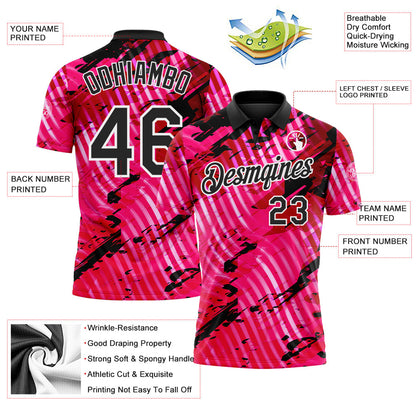 Custom Black Pink-White Abstract Grunge Splatter Diagonal Stripe Performance Polo Shirt
