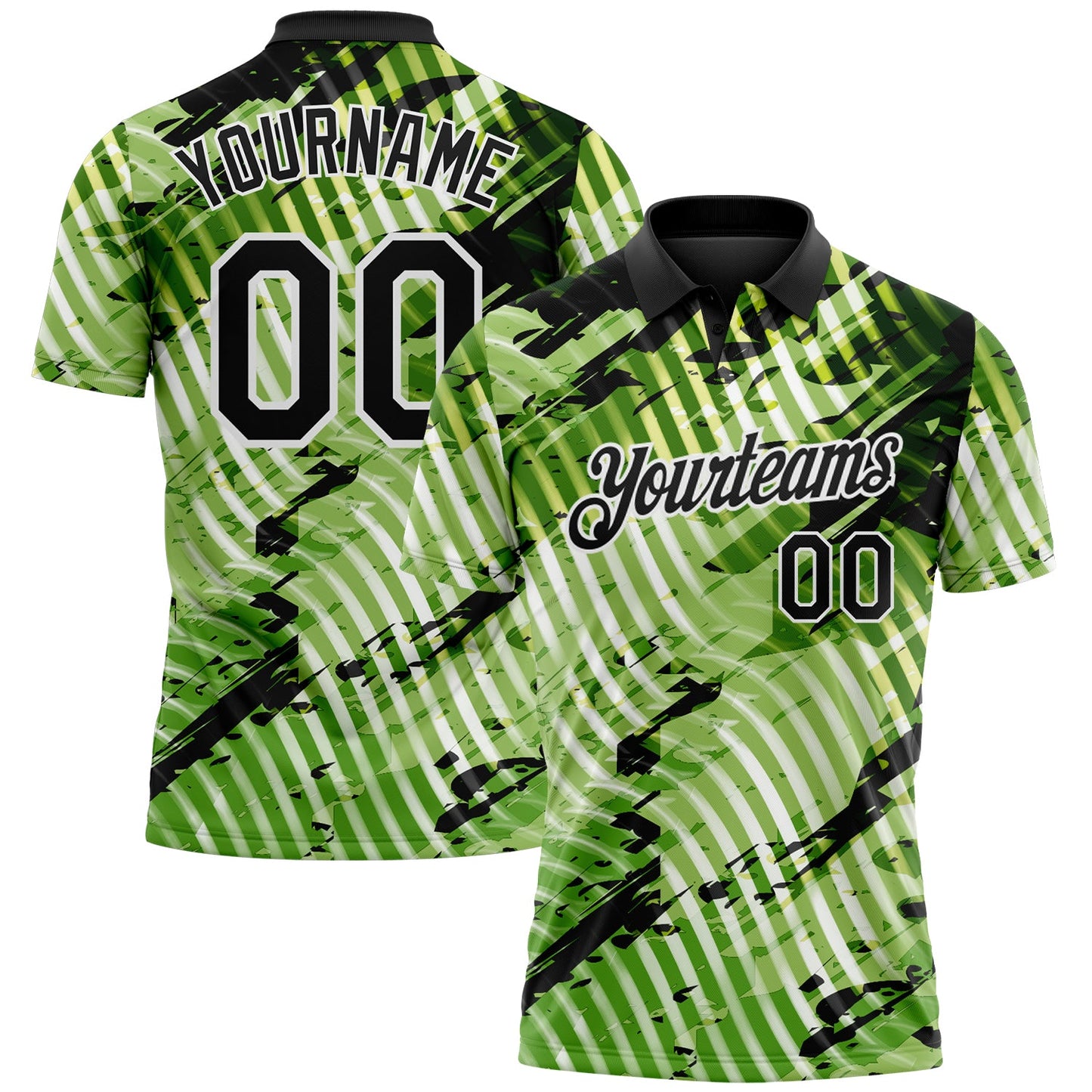 Custom Black Neon Green-White Abstract Grunge Splatter Diagonal Stripe Performance Polo Shirt