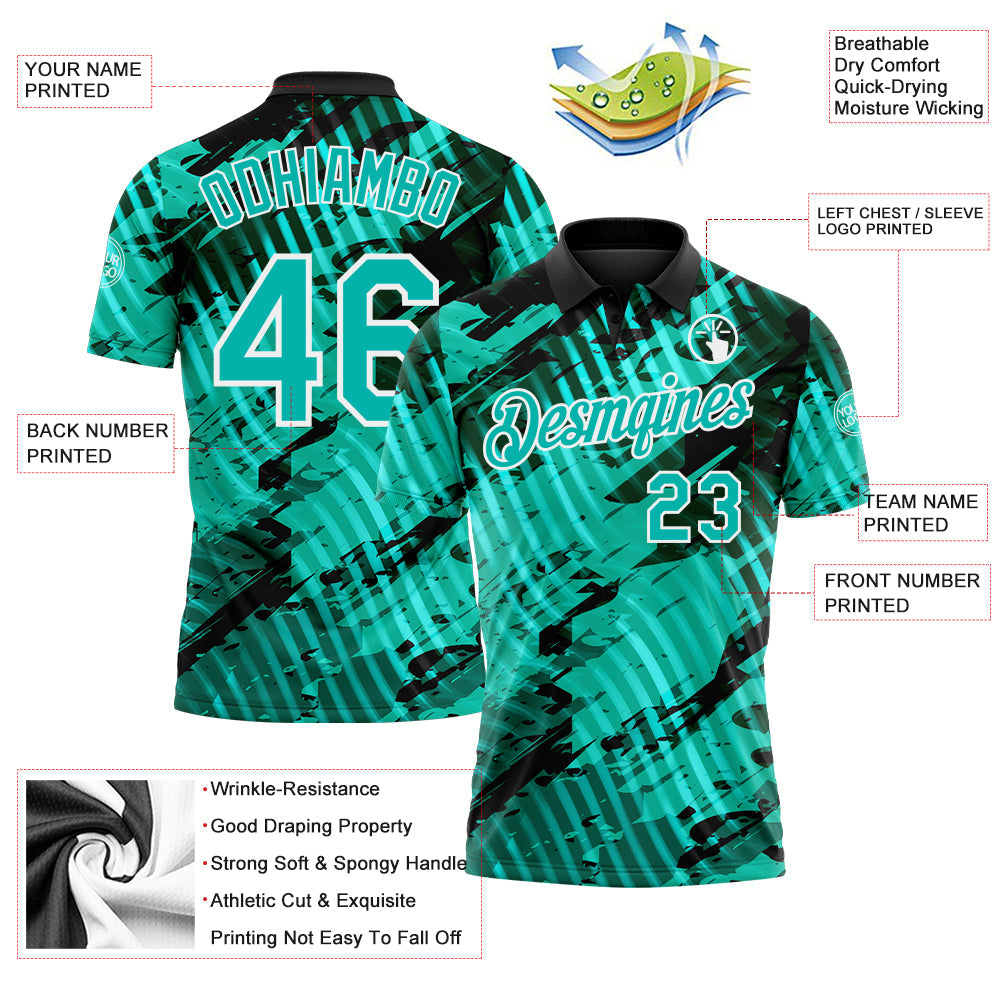 Custom Black Aqua-White Abstract Grunge Splatter Diagonal Stripe Performance Polo Shirt