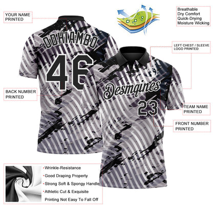 Custom Black Gray-White Abstract Grunge Splatter Diagonal Stripe Performance Polo Shirt
