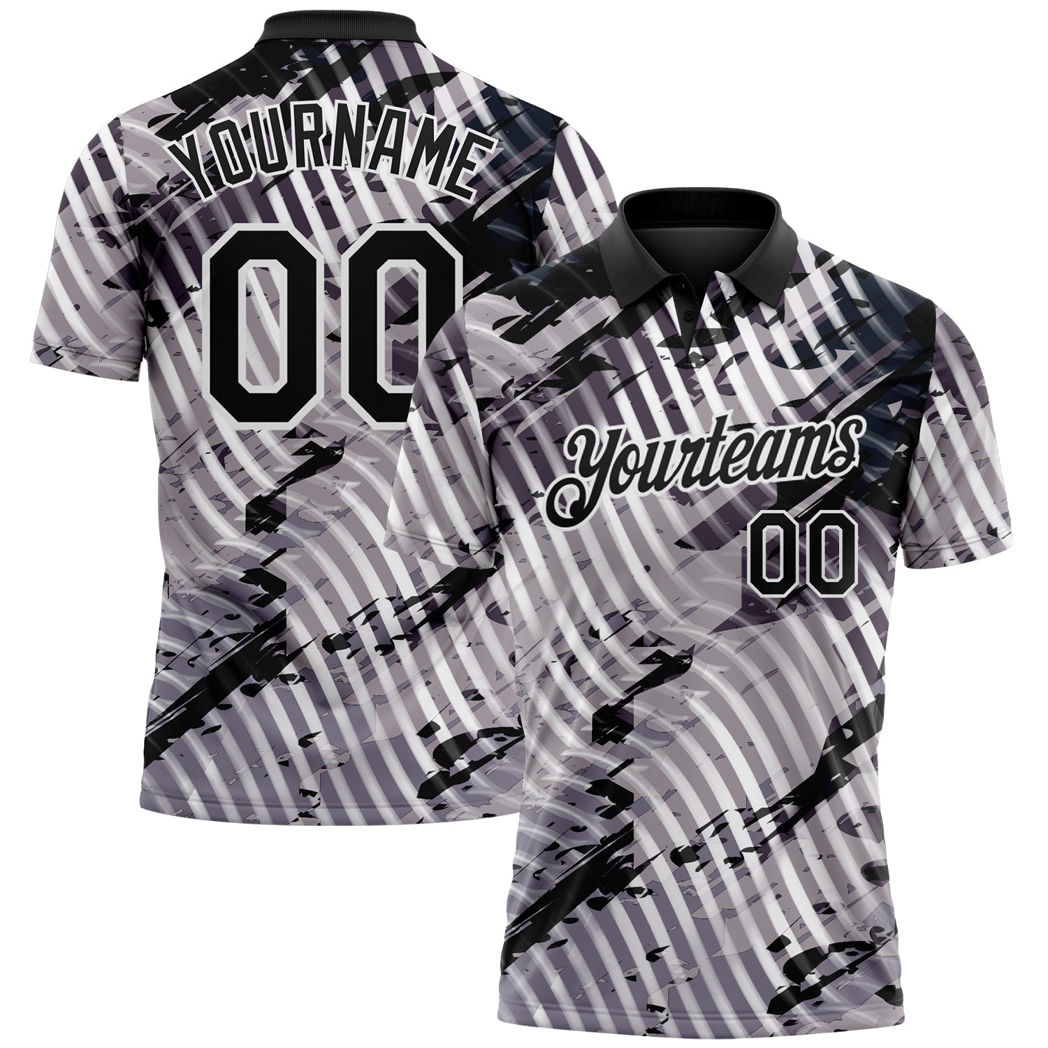 Custom Black Gray-White Abstract Grunge Splatter Diagonal Stripe Performance Polo Shirt