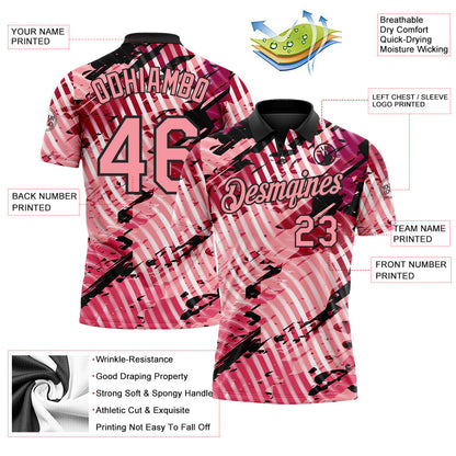 Custom Black-Light Pink Abstract Grunge Splatter Diagonal Stripe Performance Polo Shirt