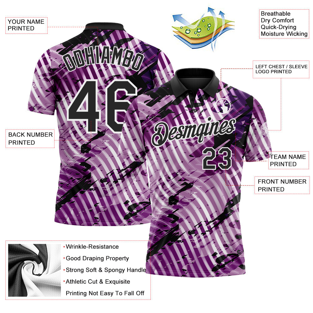 Custom Black Light Purple-White Abstract Grunge Splatter Diagonal Stripe Performance Polo Shirt