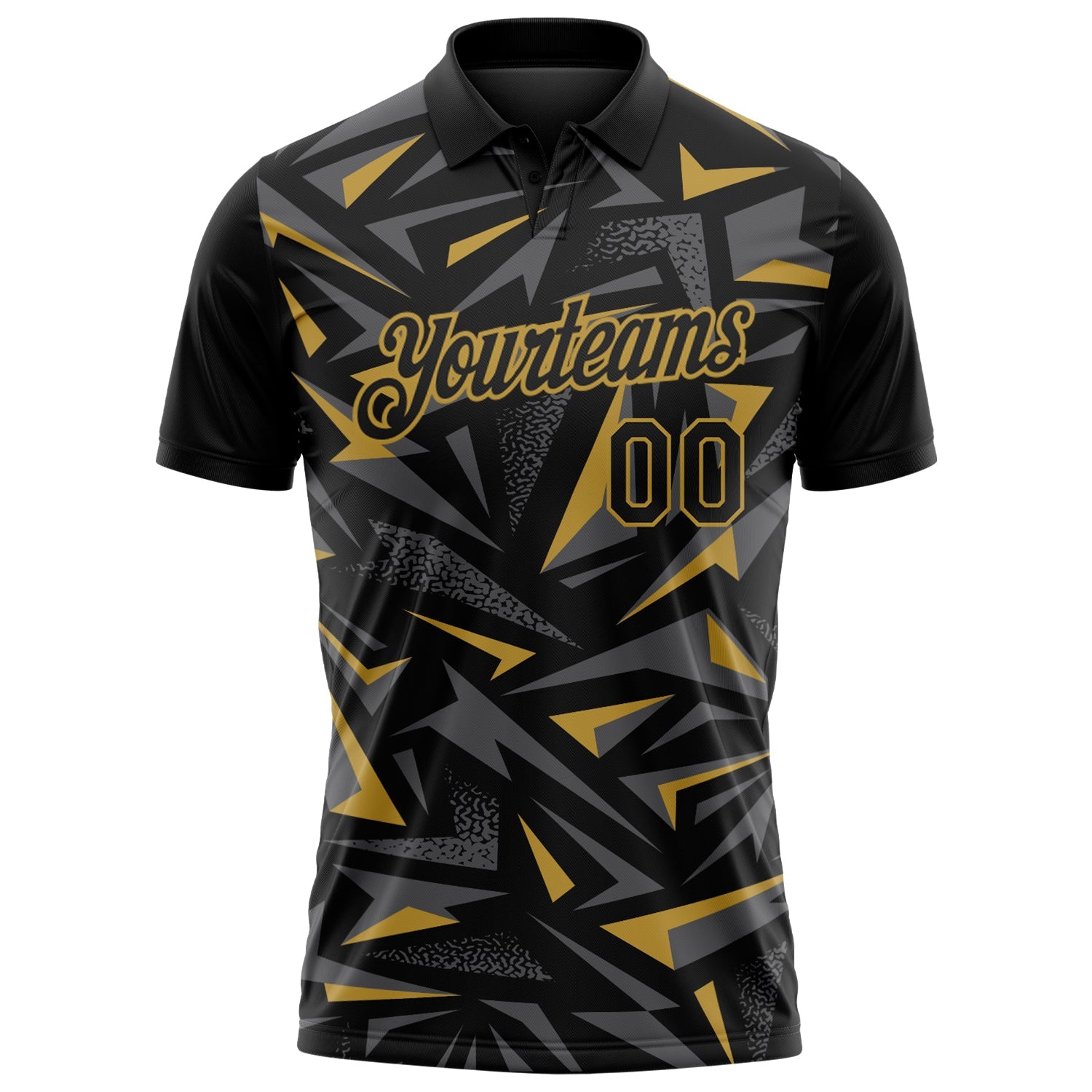 Custom Black Steel Gray-Old Gold Cyber Mecha E-sport Geometric Shards Spike Performance Polo Shirt