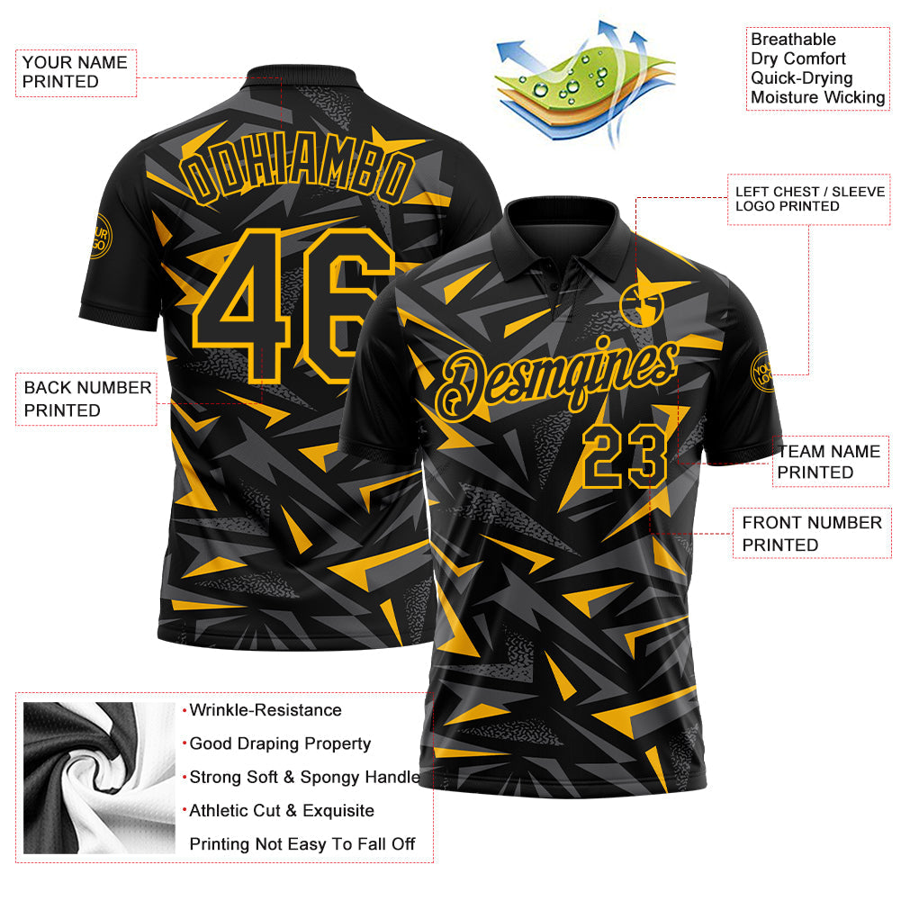 Custom Black Steel Gray-Gold Cyber Mecha E-sport Geometric Shards Spike Performance Polo Shirt
