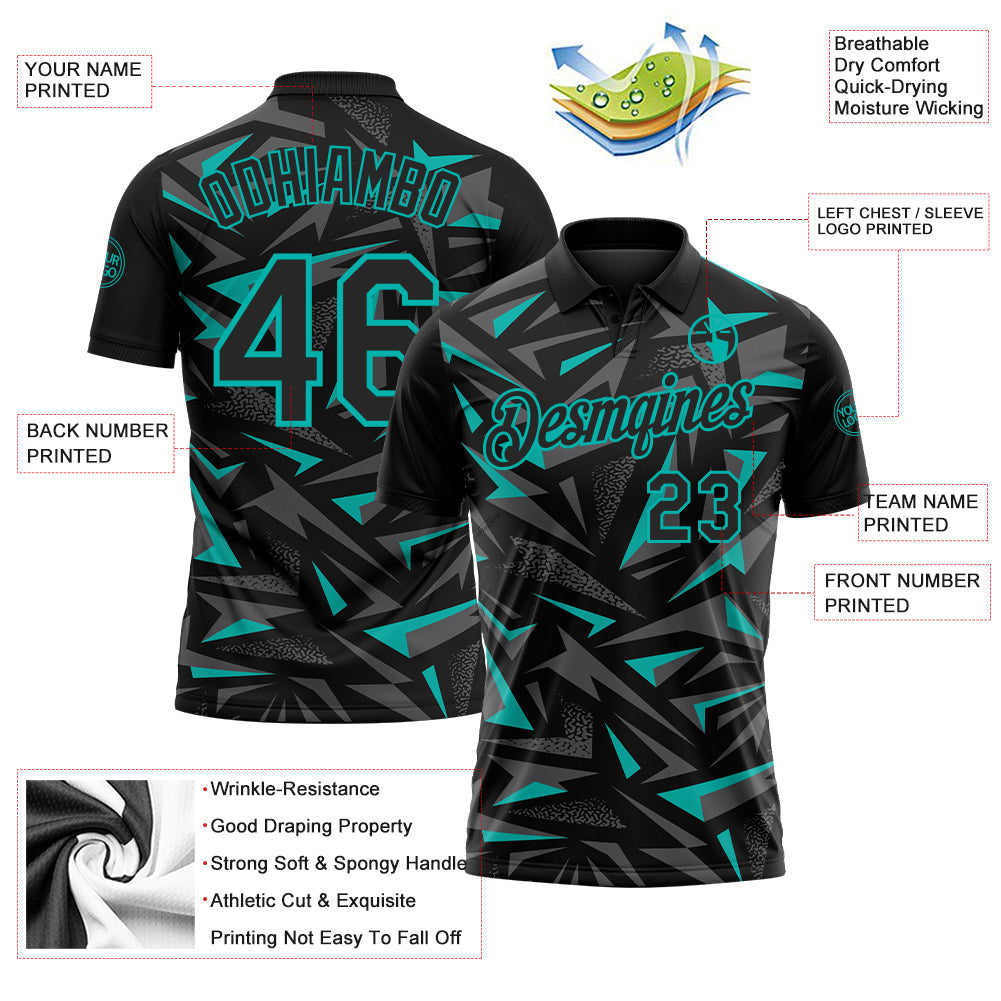 Custom Black Steel Gray-Aqua Cyber Mecha E-sport Geometric Shards Spike Performance Polo Shirt