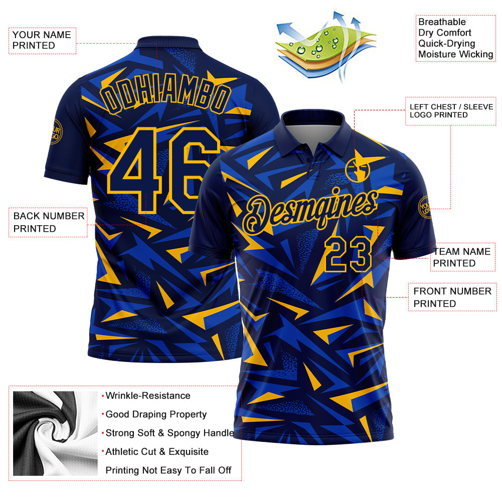 Custom Navy Thunder Blue-Gold Cyber Mecha E-sport Geometric Shards Spike Performance Polo Shirt