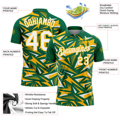 Custom Kelly Green White-Gold Cyber Mecha E-sport Geometric Shards Spike Performance Polo Shirt