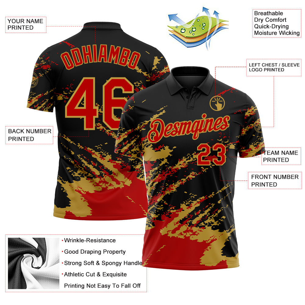 Custom Black Red-Old Gold Brush Stroke Shatter Splatter Performance Polo Shirt