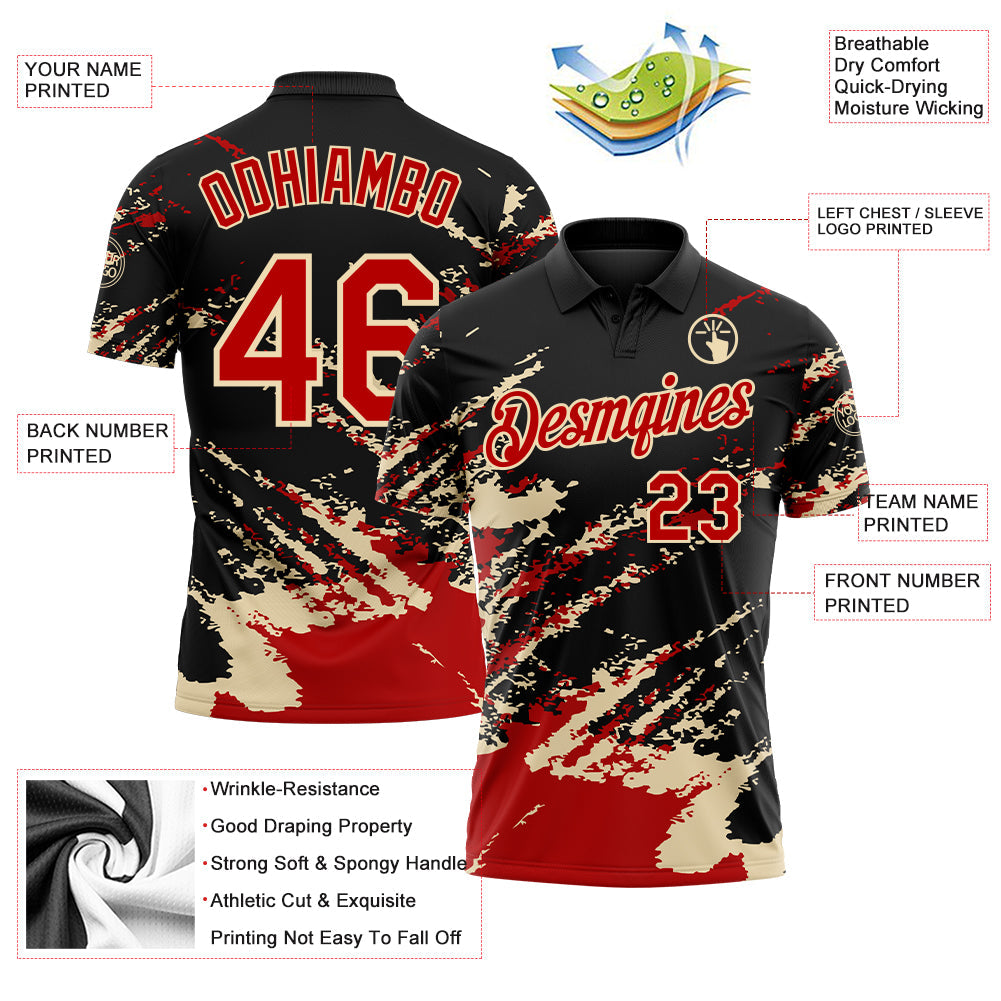 Custom Black Red-Cream Brush Stroke Shatter Splatter Performance Polo Shirt