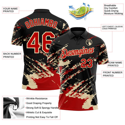 Custom Black Red-Cream Brush Stroke Shatter Splatter Performance Polo Shirt