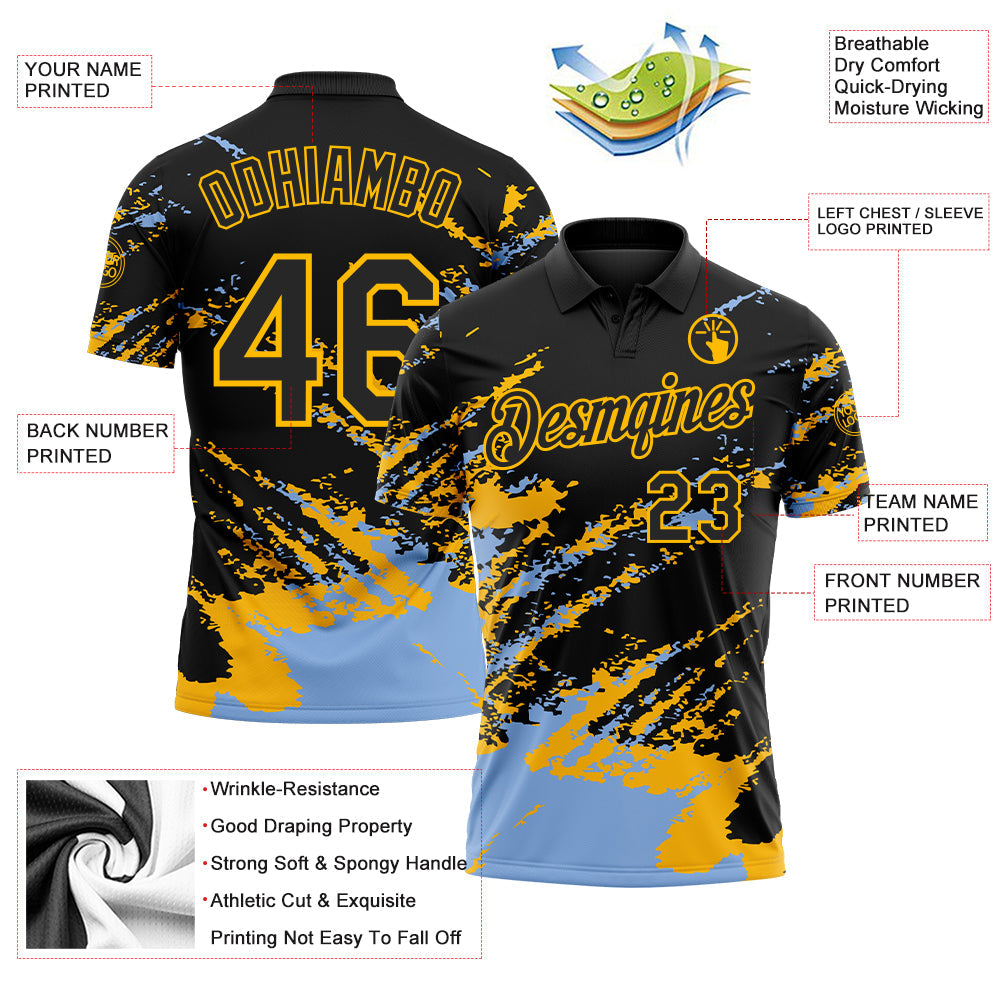 Custom Black Light Blue-Gold Brush Stroke Shatter Splatter Performance Polo Shirt