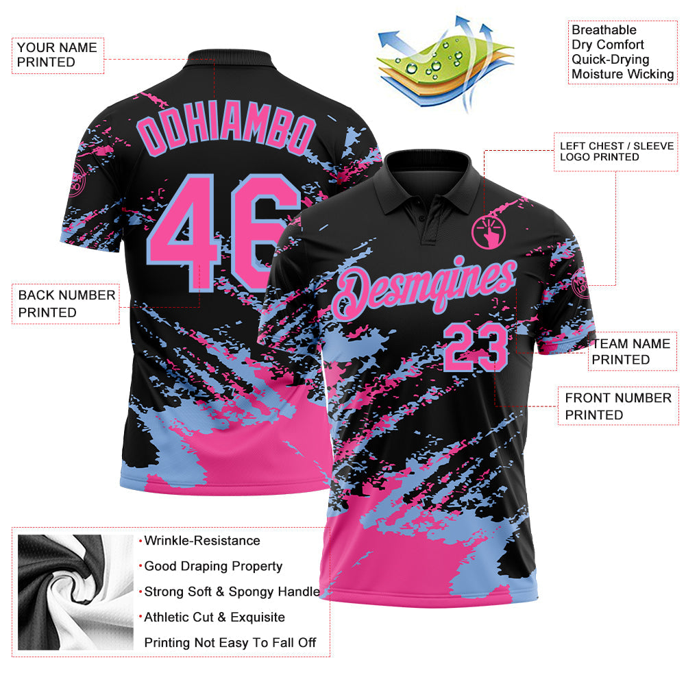 Custom Black Pink-Light Blue Brush Stroke Shatter Splatter Performance Polo Shirt