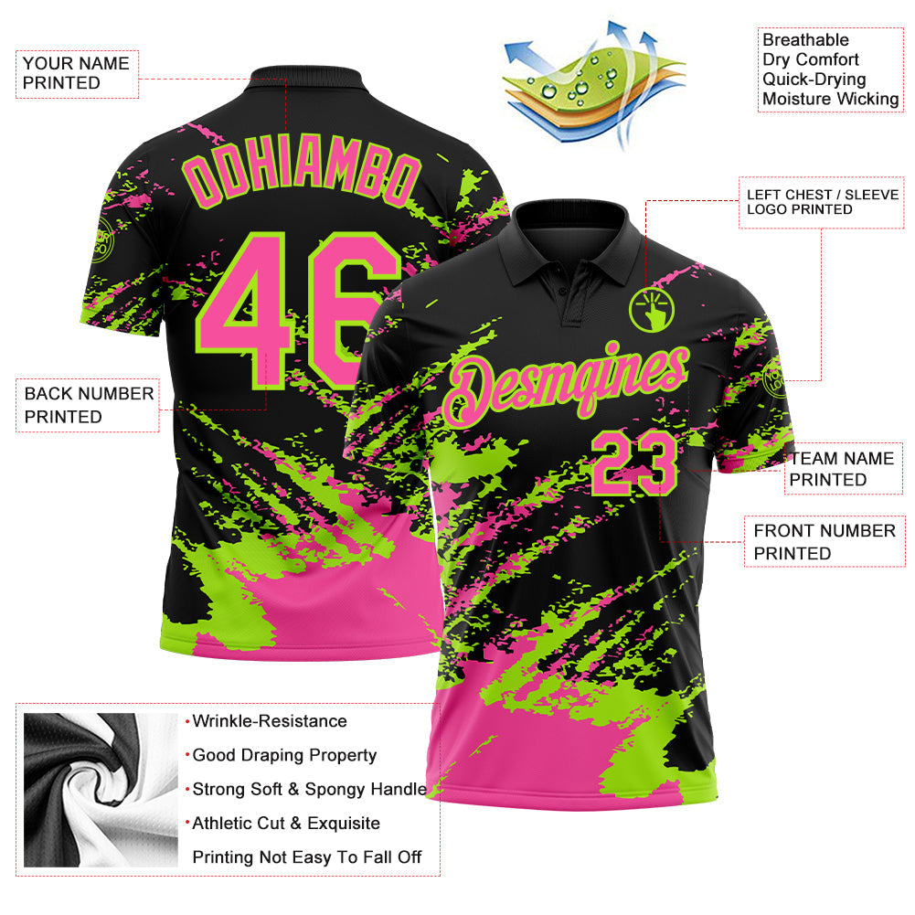 Custom Black Pink-Neon Green Brush Stroke Shatter Splatter Performance Polo Shirt