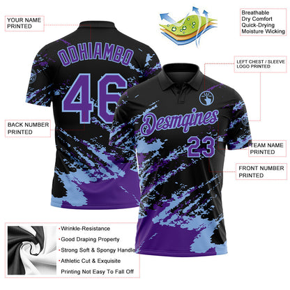 Custom Black Purple-Light Blue Brush Stroke Shatter Splatter Performance Polo Shirt