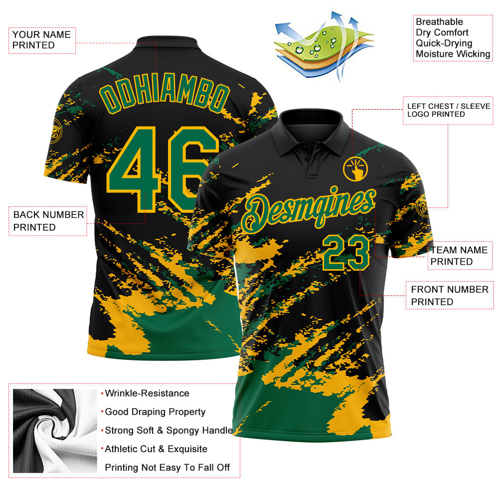 Custom Black Kelly Green-Gold Brush Stroke Shatter Splatter Performance Polo Shirt