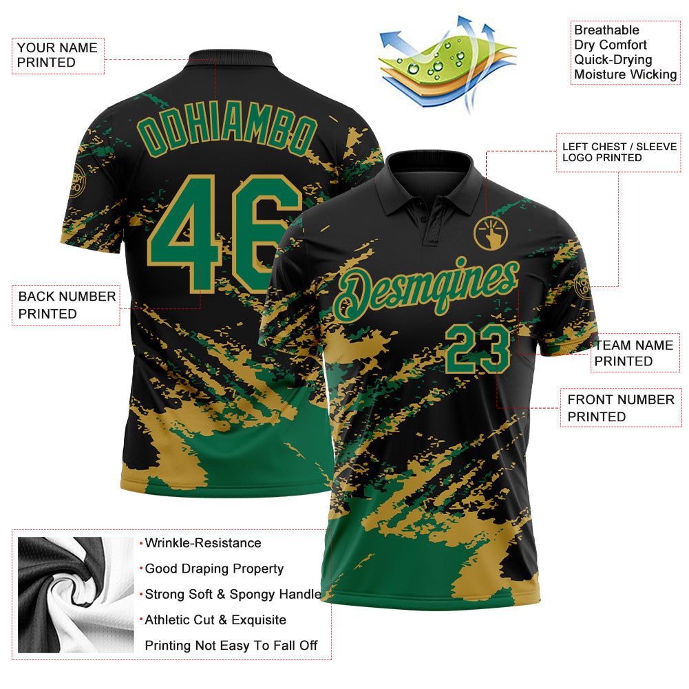 Custom Black Kelly Green-Old Gold Brush Stroke Shatter Splatter Performance Polo Shirt