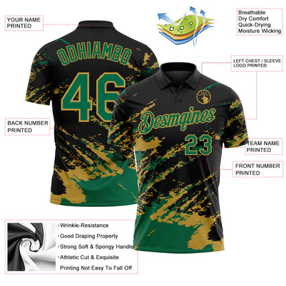 Custom Black Kelly Green-Old Gold Brush Stroke Shatter Splatter Performance Polo Shirt