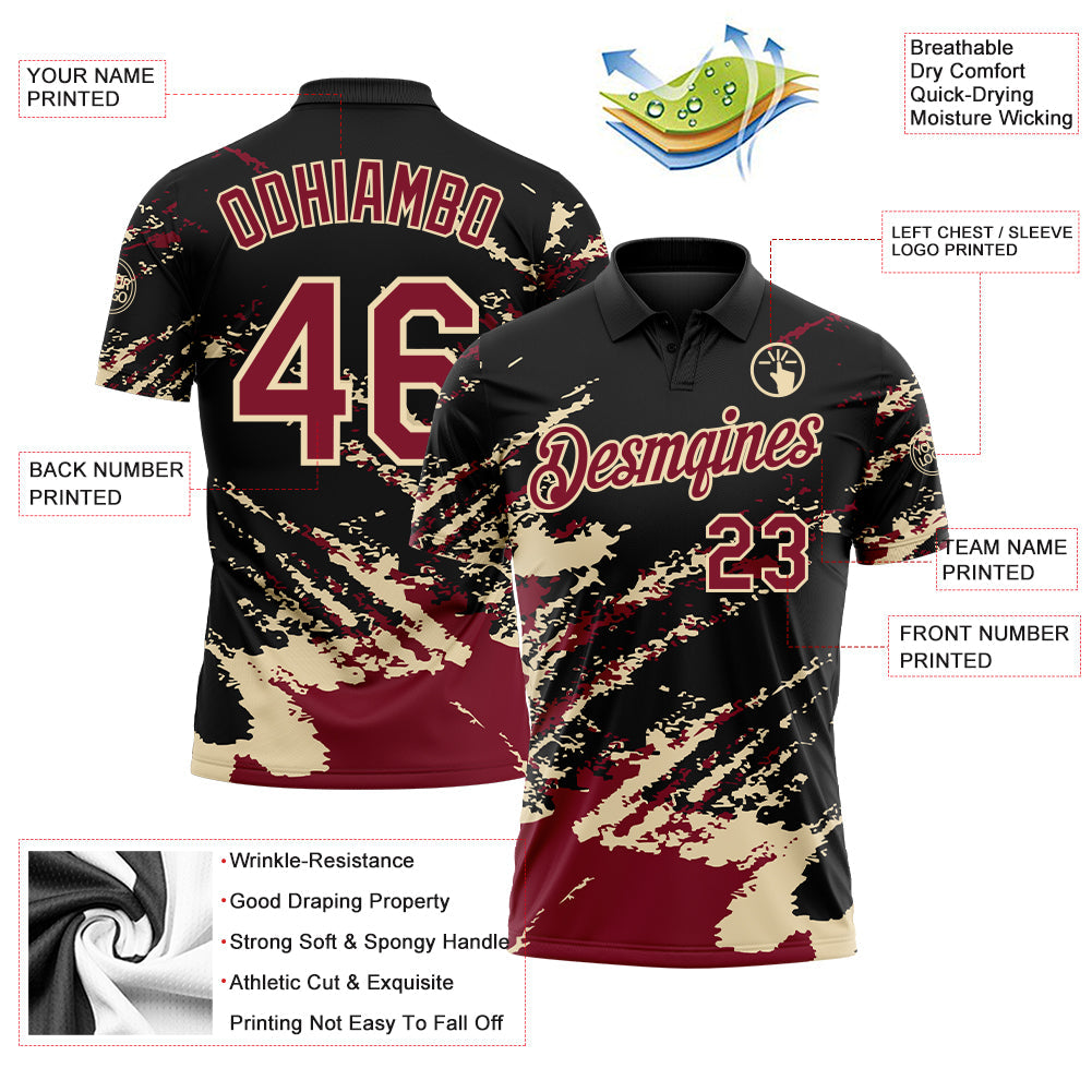 Custom Black Crimson-Cream Brush Stroke Shatter Splatter Performance Polo Shirt