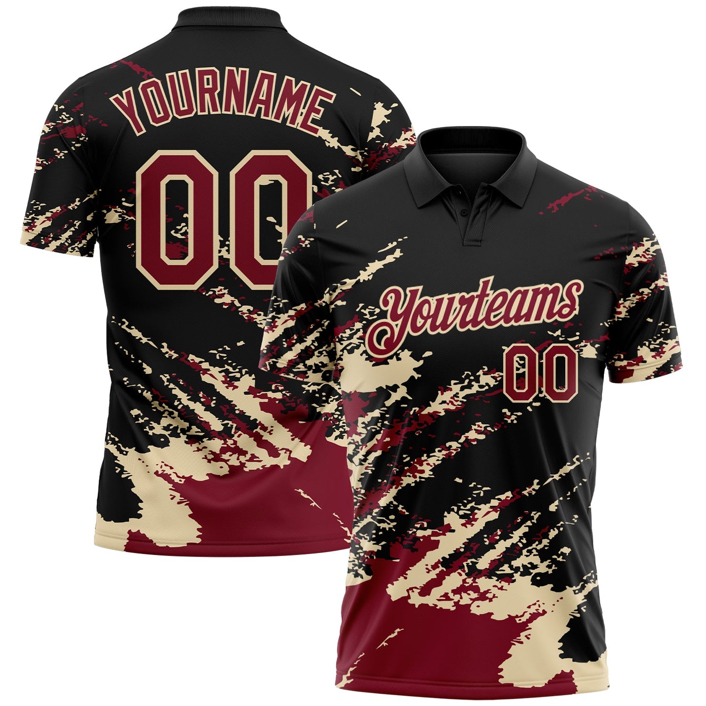 Custom Black Crimson-Cream Brush Stroke Shatter Splatter Performance Polo Shirt