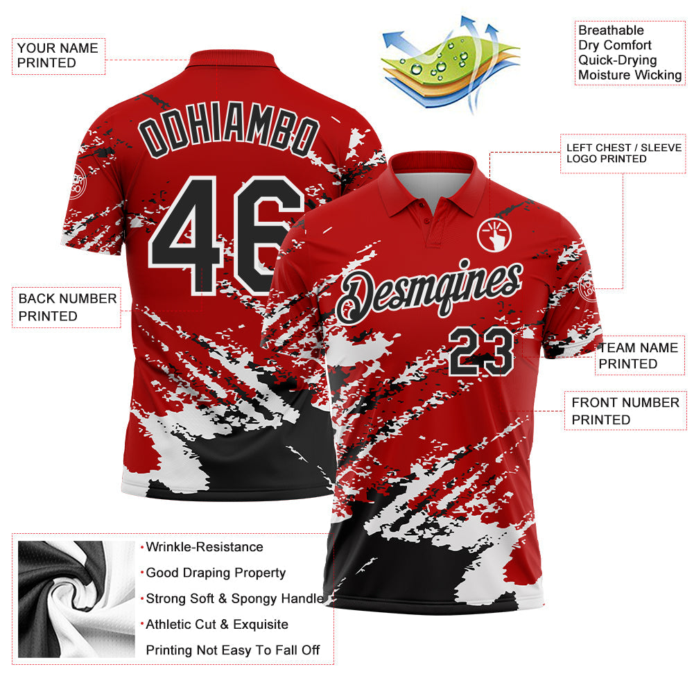 Custom Red Black-White Brush Stroke Shatter Splatter Performance Polo Shirt