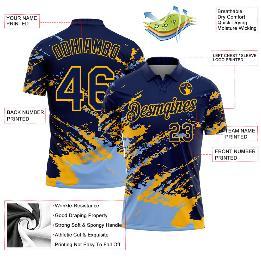 Custom Navy Light Blue-Gold Brush Stroke Shatter Splatter Performance Polo Shirt