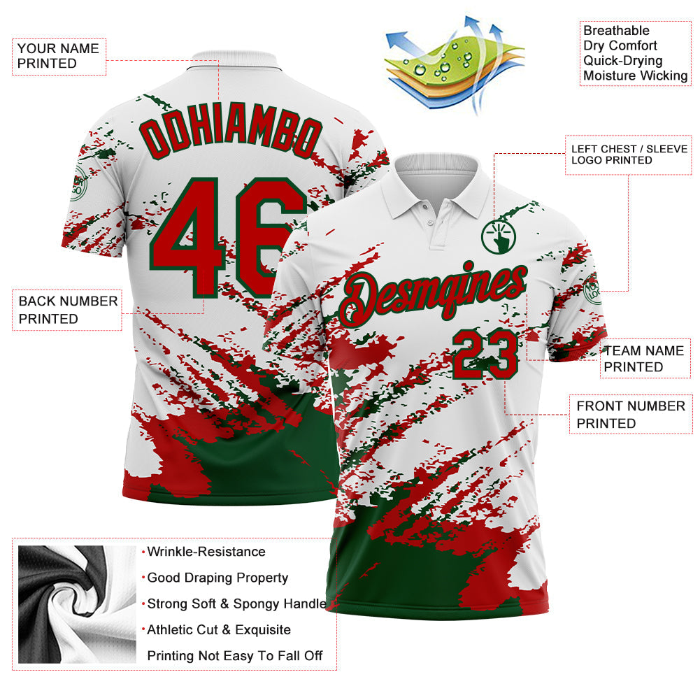 Custom White Red-Green Brush Stroke Shatter Splatter Performance Polo Shirt