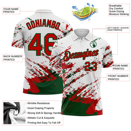 Custom White Red-Green Brush Stroke Shatter Splatter Performance Polo Shirt