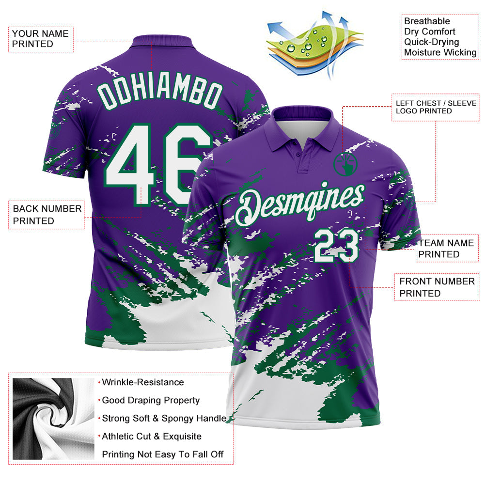 Custom Purple White-Kelly Green Brush Stroke Shatter Splatter Performance Polo Shirt